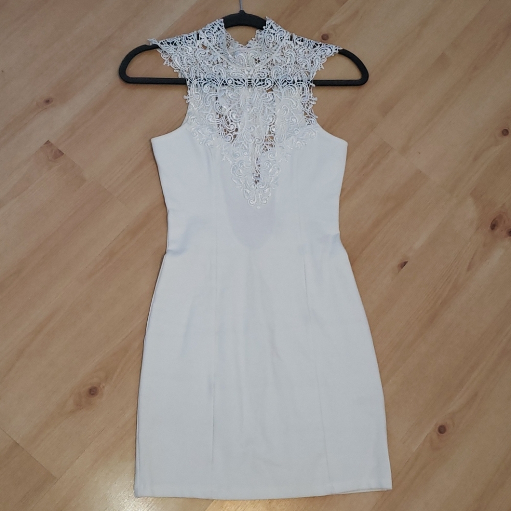 White Bodycon High Neck Lacey Dress